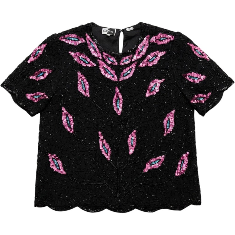 Carina Beaded Blouse Women 3X Black Pink‎ Silk Sequin Vintage Floral Evening Top